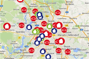 Link als Ausschnitt einer Googlekarte aus dem Bereich Berlin mit kleinen bunten Markierungen an den Stellen wo sich die verschiedenen Caritaseinrichtungen befinden