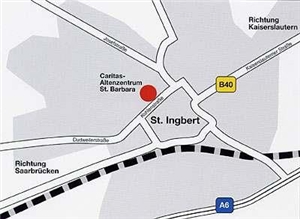 Eine Karte mit der Anfahrt zum Caritas-Altenzentrum St. Barbara in St. Ingbert. Eine Karte mit der Anfahrt zum Caritas-Altenzentrum St. Barbara in St. Ingbert.