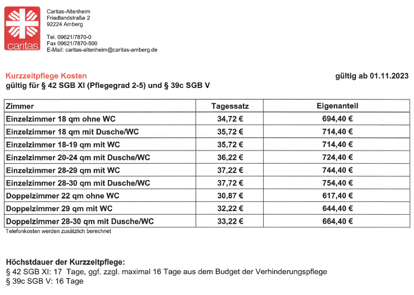 Kosten Kurzzeitpflege Altenheim Friedlandstraße 01.11.2023