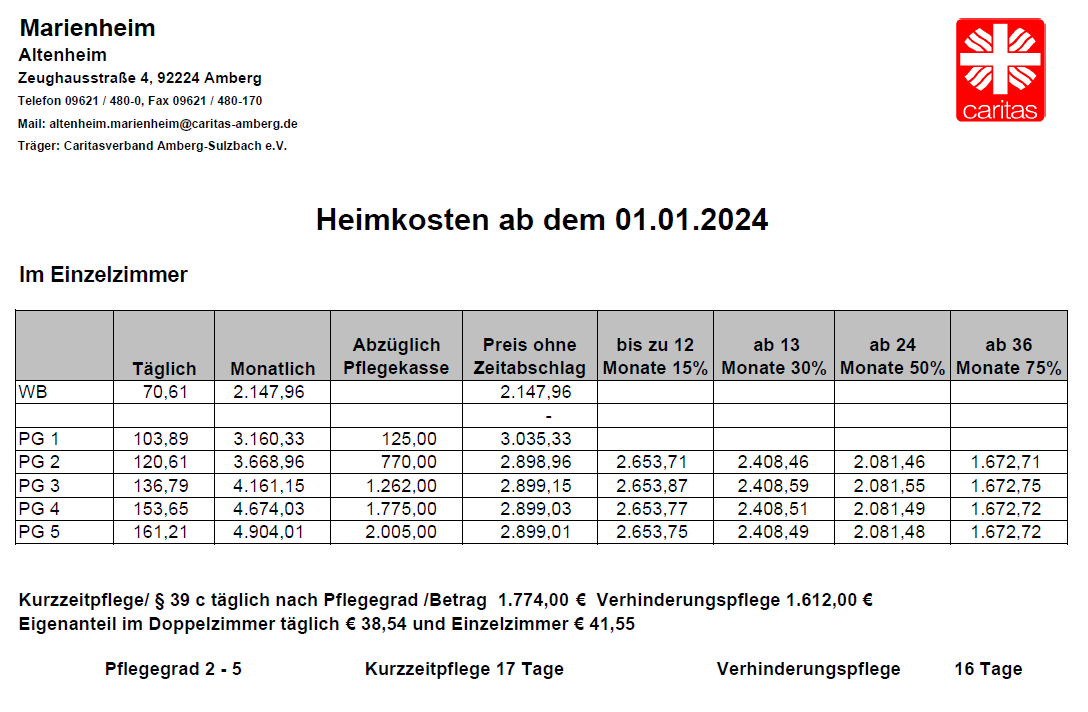 Marienheim Heimkosten im Einzelzimmer ab 01.01.2024
