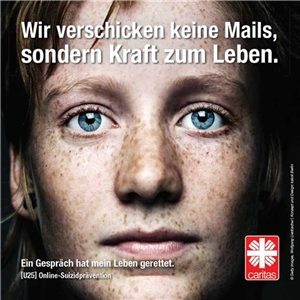 U25 Booklet Rückseite Wir verschicken keine Mails Ein Gesicht einer jungen Frau. Darüber steht: Wir verschicken keine Mails, sondern Kraft zum Leben.