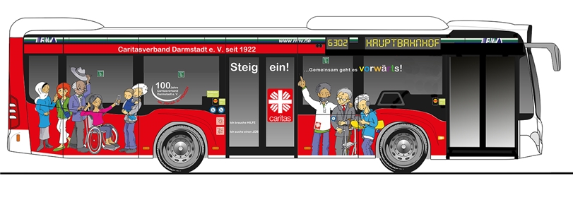 Grafik eines mit Caritas-Grafiken gestalteter Linienbus