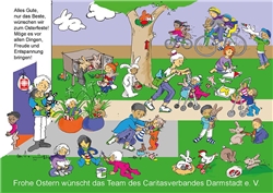 Illustration: Wimmelbild Strassenszene mit Erwachsenen, Kinder und zahlreichen Hasen