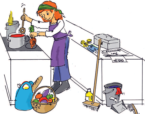 Illustration: Eine Haus·wirtschafterin beim Kochen