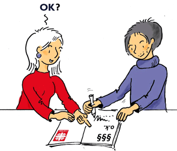 Illustration: Eine Frau fragt einen Mann, ob es Okey ist, seine Daten zu verwenden. Er ist einverstanden und unterschreibt das.