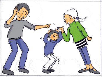 Illustration: Zwei Erwachsene die sich streiten, und ein Kind, das unter dem Streit leidet