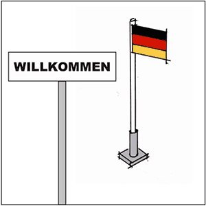 Illustration: Ein Willkommensschild und eine Deutschlandflagge
