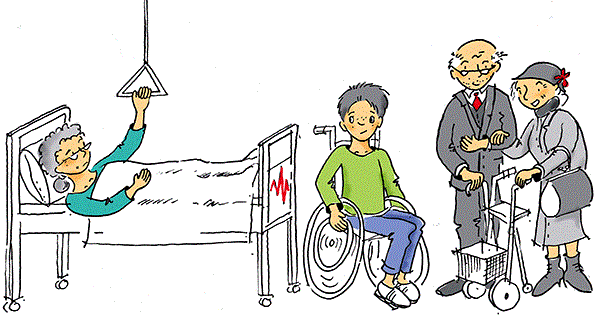 Illustration: Pflege·bedürftigkeit gibt es in verschiedenen Lebens·situationen: Krankheit, Behinderung, Alter