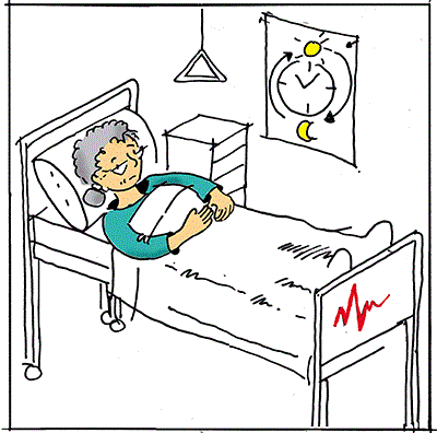 Illustration: Eine Frau liegt im Bett und braucht Betreuung bei Tag und bei Nacht