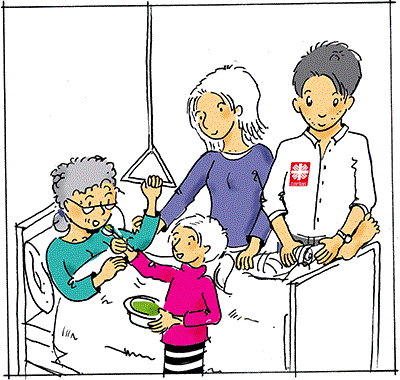 Illustration: Eine Familie pflegt ihre Angehörige während ein Caritas-Mitarbeiter dabei hilft