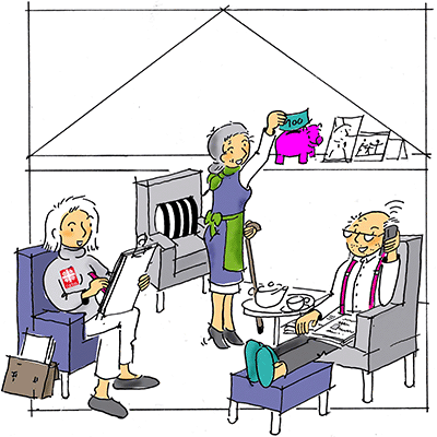 Illustration: Eine Caritas-Mitarbeiterin zeigt einem älteren Paar, wo man noch Geld sparen kann und wie man im Alter alleine zurechtkommt