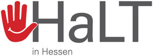 Logo des Projekts HaLT in Hessen – eine Stopp zegende Hand mit dem Schriftzuig HaLT