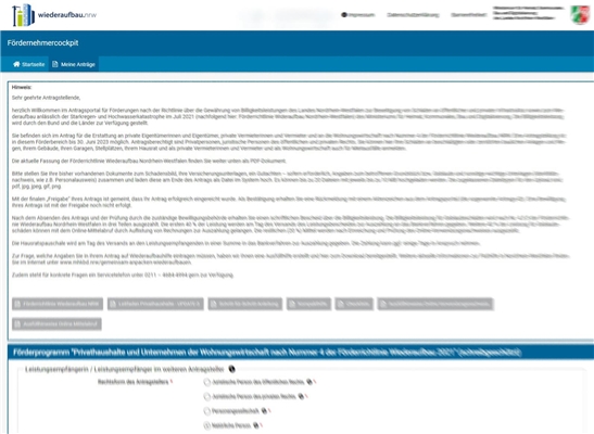 Screenshot eines digitalen Antrags auf Wiederaufbauhilfe