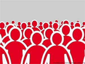 Illustration in s/w, plus Rot, für "Mitgliederversammlung": Gruppe von Menschen. Einige in Rot, einige in Schwarz, einige in Grau. Grauer Hintergrund. (c) pixabay.com | Nachbearbeitet: Caritas FRG.