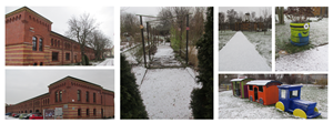 Abenteuerspielplatz Collage des Abenteuerspielplatzes in winterlicher Stimmung