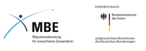 MBE Förderlogo Logo der Migrationsberatung für erwachsene Zuwanderer und des Ministerium des Inneren