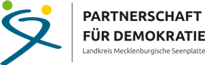 Auf dem Logo der 'Partnerschaft für Demokratie' im Landkreis Mecklenburgische Seenplatte - Das Logo zeigt zwei geschwungene Halbkreise, die ineinander verwoben sind. durch zwei bunte Punkte oben auf den Halbkreis werden Menschen symbolisiert.
