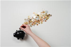 Das Bild zeigt ein Sparschwein mit einem Haufen Kleingeld davor. 