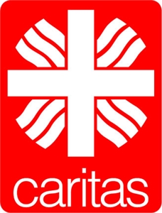 Das Logo der Caritas zeigt ein flammendes Kreuz auf rotem Untergrund.