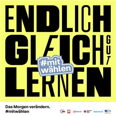 Kachel der LAG Freie Wohlfahrtspflege NRW zur Bundestagswahl 2021 mit dem Slogan 'Endlich gleich gut lernen' und dem Hashtag 'mitwählen' 