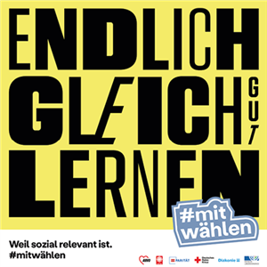 Kachel der LAG Freie Wohlfahrtspflege NRW zur Landtagswahl 2022 mit dem Slogan 'Endlich gleich gut lernen' und dem Hashtag 'mitwählen'