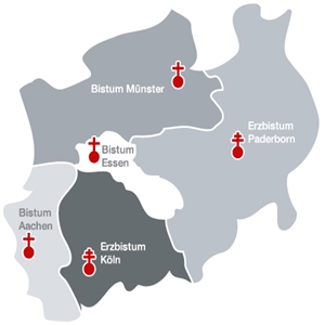 Landkarte von Nordrhein-Westfalen mit den Grenzen der fünf (Erz-)Diözesen 