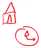 Die Handzeichnung eines Hauses und einer Uhr in roter Farbe