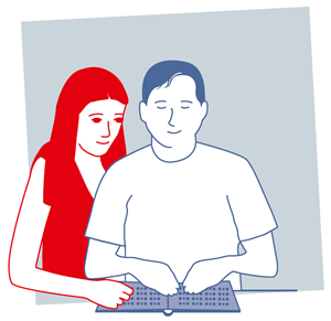 Eine Grafik, in der eine rot gefärbte Frau, die einem blau gefärbten blinden Mann hilft ein Buch in Blindenschrift zu lesen, zu sehen ist