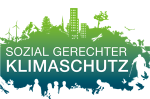 Eine grün-blau gefärbte Symbolgrafik zum Klimaschutz mit der Aufschrift 'Sozial gerechter Klimaschutz'