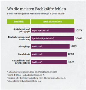 Ein Schaubild was den Fachkräftemangel in den Berufen (Berufsfeld plus Qualifikationslevel) beziffert, die in Deutschland am stärksten betroffen sind