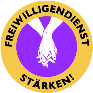 Das gelb-violette Logo der Kampagne 'Freiwilligendienst stärken', das zwei händchenhaltende Arme zeigt
