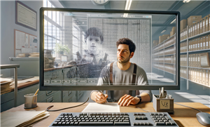 Ein KI-generiertes Bild eines Soziarbeiters, der in einem Archivraum mit Aktenschränken und Regalen voller Akten hinter einem Schreibtisch und einem tranparenten Bildschirm sitzt