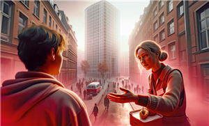 Ein KI-generiertes Bild einer Sozialarbeiterin, die von einem Mann steht und sich Notizen macht. Im Hintergrund ist eine belebte Straße in einer Stadt zu sehen. Das Bild ist in rotes Licht getaucht.