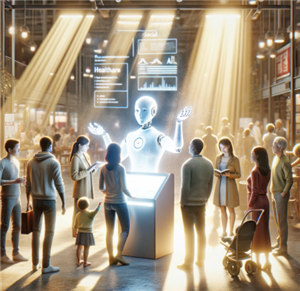 Ein KI-generiertes Bild eines belebten Einkaufszentrums, in dem einige Menschen um einen Infopunkt stehen, über dem ein Hologramm eines Roboters und einige Informationen zu sehen sind.