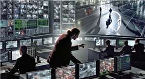 Ein KI-generiertes Bild von einem Mann, der inmitten einer Überwachungszentrale mit vielen Monitoren und Videowänden steht und Anweisungen gibt. Weitere Personen sitzen an Schreibtischen mit Monitoren