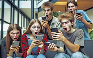Eine Gruppe von zwei jungen Frauen und drei jungen Männern die zusammen in einem öffentlichen Gebäude erschrocken auf ihre Handys blicken