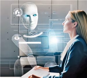 Ein KI-generiertes Bild auf dem eine Frau vor einer Tastatur sitzt und auf einen transparenten Bildschirm blickt, auf dem neben einigen Daten ein Roboter zu sehen ist