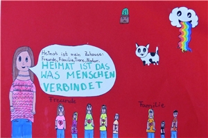 Ein Kind hat gemalt: Ein Mädchen mit Sprechblase, in der steht: 'Heimat ist das, was Menschen verbindet.' Heimatausstellung 1