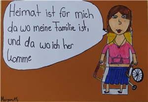 Auf dem Bild sagt ein Mädchen: 'Heimat ist für mich, da wo meine Familie ist und da wo ich herkomme.' Heimatausstellung 2