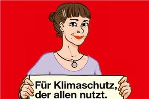 Illustration einer Frau mit einem Schild in der Hand, auf dem steht: Fuer Klimaschutz, der allen nutzt.