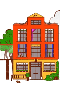 Bunte Zeichnung eines dreistöckigen Hauses in traditioneller niederländischer Bauweise.