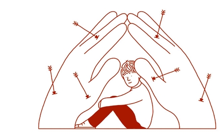 Die Zeichnung zeigt einen sitzenden Jungen. Er wird von zwei riesigen Händen beschirmt, die anfliegende Pfeile abfangen.