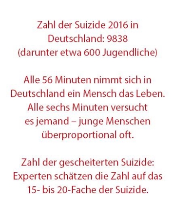 Der Infokasten zeigt Suizid-Daten aus dem Jahr 2016: Damals gab es in Deutschland 9838 Selbstmorde, darunter 600 von Jugendlichen.