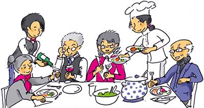 Illustration: Mehrere frohe Personen werden an einem gedeckten Mittagstisch bedient