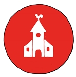 Kirche kath Eine Kirche umgeben von einem roten Kreis