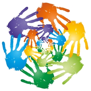 Viele bunte Hände bilden mehrere Kreise.