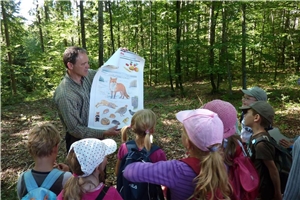Eine Gruppe Kinder steht im Wald und ein Mann hält ein Plakat mit Tierzeichnungen