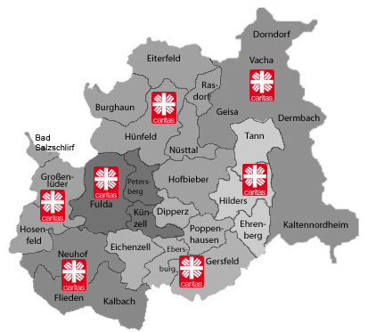 Übersichtskarte der Caritas Sozialstationen in den Regionen Fulda und Geisa
