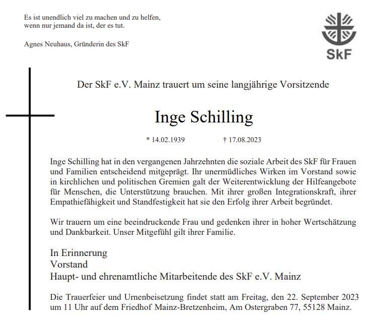2023_SkF Mainz_Inge Schilling Todesanzeige