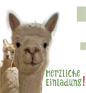 Einladung Hoffest 2019 Schriftzug "Herzliche Einladung!" und zwei Alpakas im Hintergrund